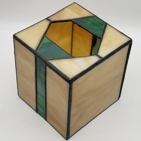 Vintage Handmade Slag Stained Glass Cream Emerald Tissue Box Cover - Picture 2 of 4